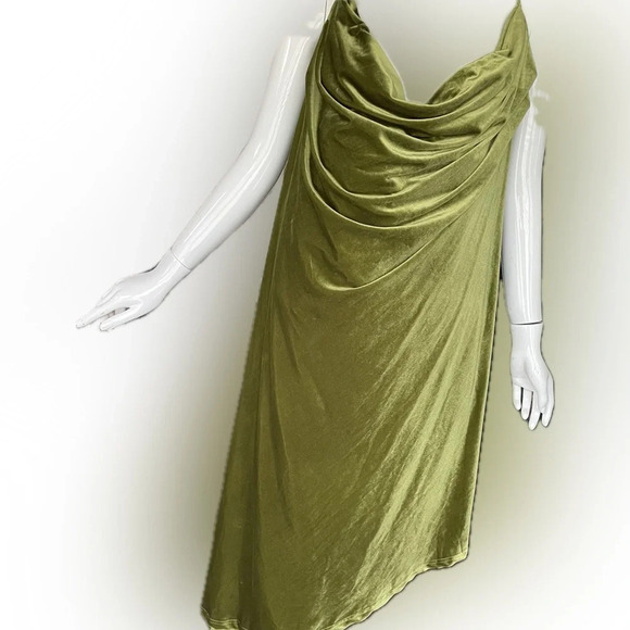 Cider Olive Green Velvet Party Dress 4X Asymmetrical Hem Cowl Collar Spaghetti - Picture 3 of 10